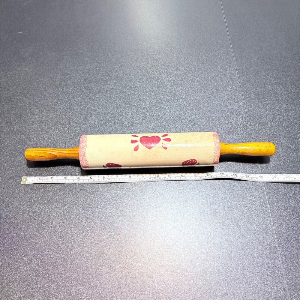 vintage Loomco glazed ceramic rolling pin & holder farmhouse decor strawberry - Picture 6 of 11